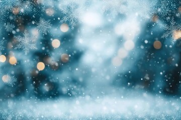 Fototapeta premium Christmas blurred background with snowflakes. Defocused Christmas tree. Abstract blurred soft blue beautiful glowing blinking bokeh