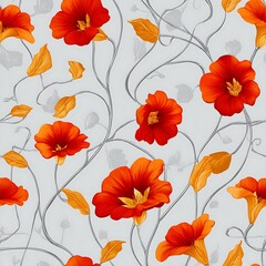 Elegant floral pattern with red and orange flowers and leaves on gray background