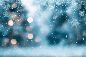 Fototapeta premium Christmas blurred background with snowflakes. Defocused Christmas tree. Abstract blurred soft blue beautiful glowing blinking bokeh