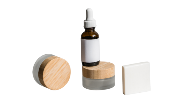 natural skincare cosmetic packaging with wooden lids, minimalist eco friendly cosmetic mockup set isolated, amber glass dropper bottle with cosmetic jars for branding