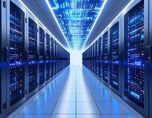 Corridor of modern server cabinets with blue neon lights for data processing
