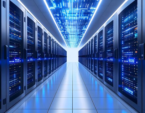 Corridor of modern server cabinets with blue neon lights for data processing