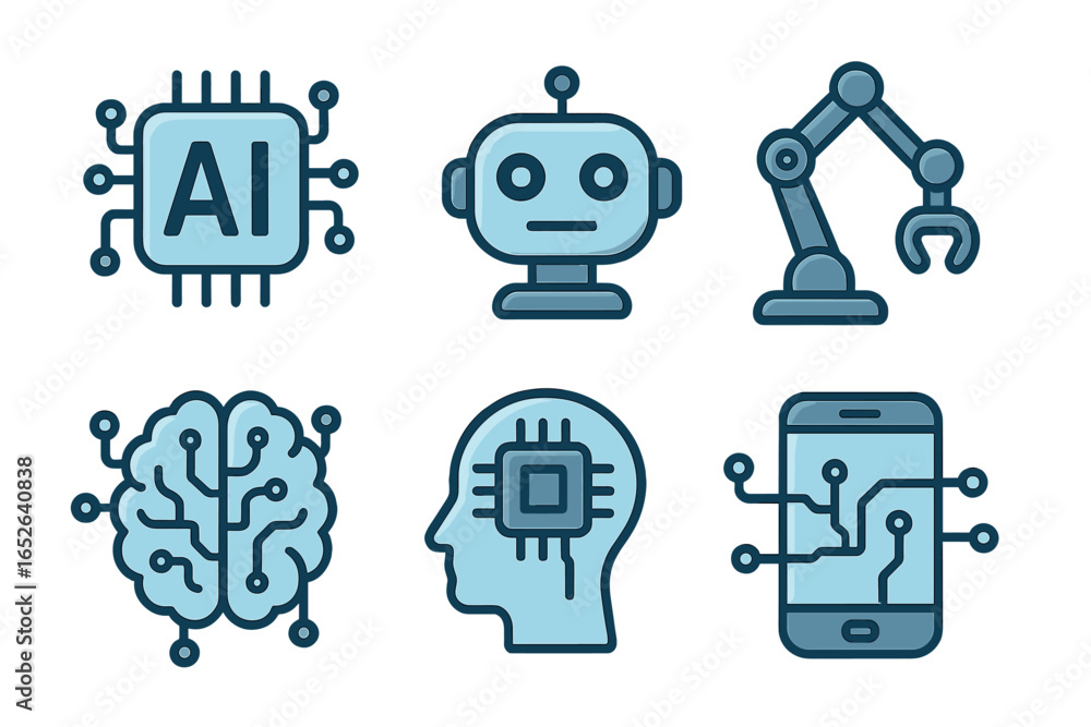 Poster artificial intelligence icon set. vector collection of ai technology symbols including robot, machin