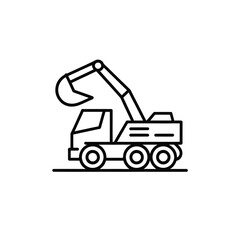 Black and white line icon of an excavator construction vehicle digger heavy machinery