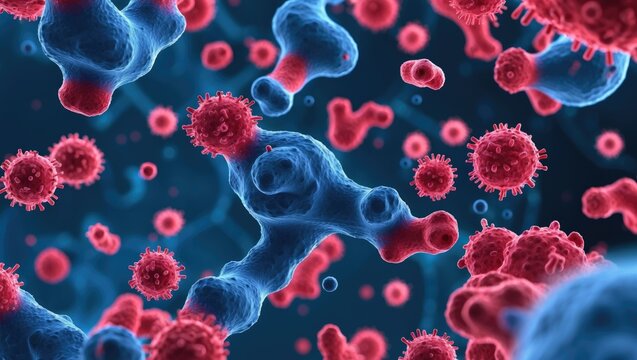 Acid-fast stain technique revealing Bacteria and Mycobacterium tuberculosis under a microscope.