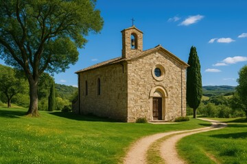 Naklejka premium A small rural church set amidst countryside scenery
