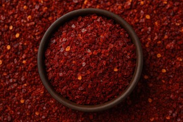 Small bowl filled with vibrant chili flakes from Aleppo Pepper
