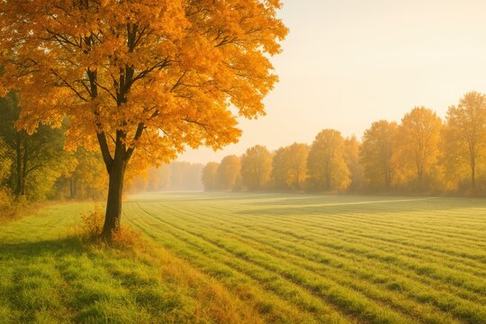 Autumn morning view of wooded area near a field with blurred background