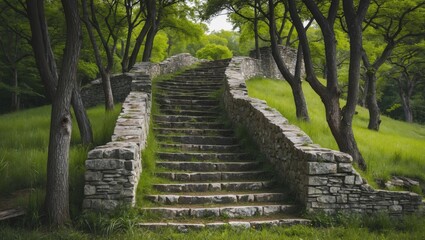 Obraz premium Historical stone staircase surrounded by lush trees