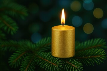 Shining golden candle adorns a holiday tree limb