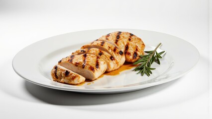 Grilled Chicken Breast Slices, Rosemary Garnish, Elegant White Plate, Studio Shot