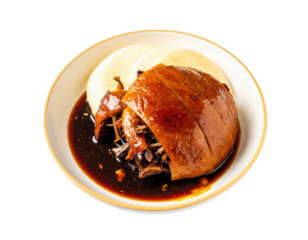 Glistening Braised Pork Belly Dome Stuffed with Vegetables and Served with Steamed Buns.