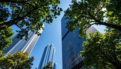 Looking up at modern skyscrapers framed by green trees and a blue sky, concept for architectural designs, urban planning and business district developmen.