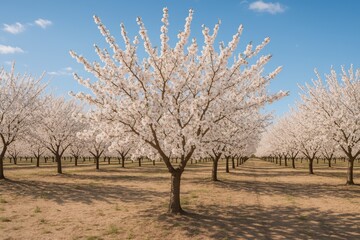 Blossoming almond trees in the orchard