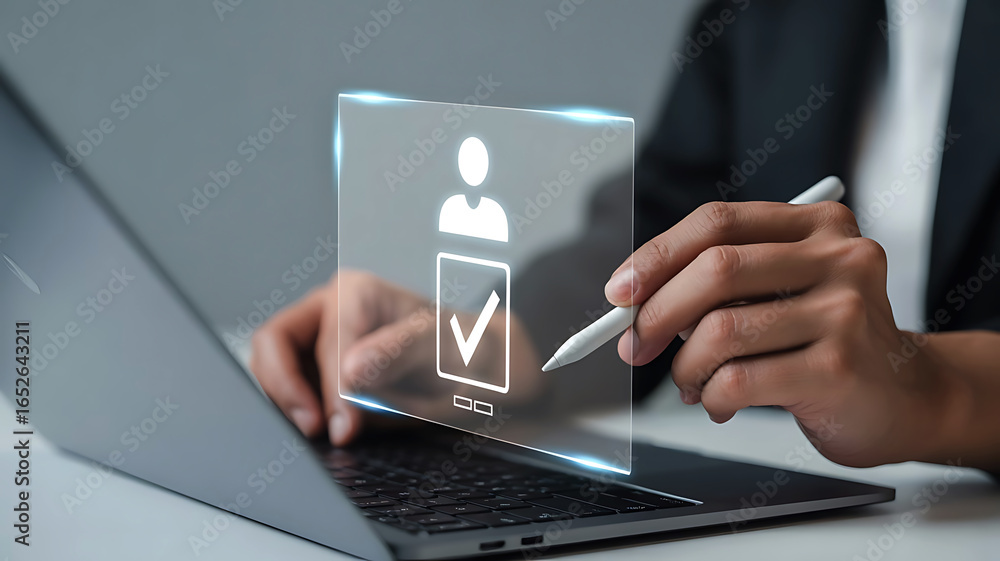 Fototapete person interacting with a digital interface displaying a user profile with a checkmark indicating se