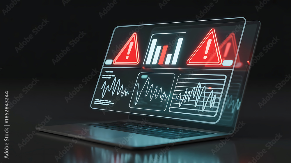 Aufkleber futuristic laptop displaying complex financial data charts and graphs with red warning indicators
