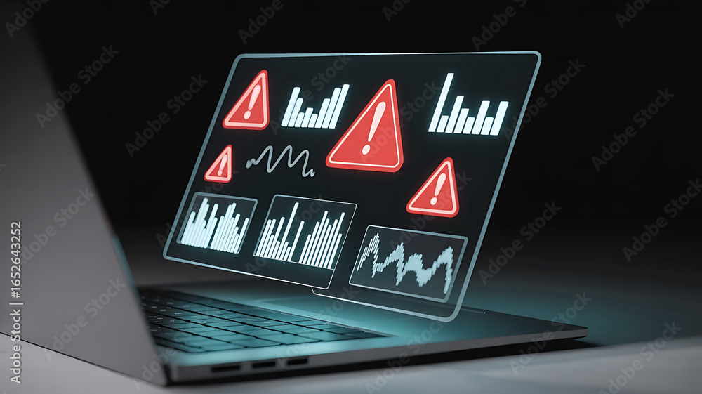 Aufkleber laptop screen displays glowing red warning triangles and complex data charts on a dark background