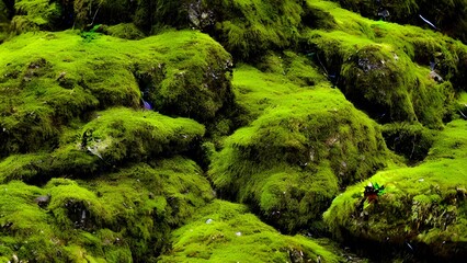 Green moss covers a wet rock in a flowing forest stream