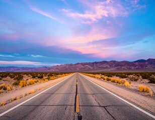 Desert highway vanishing point with pastel sunset landscape vista and distant mountains serene