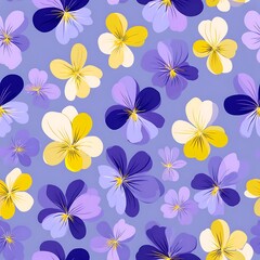 Seamless pattern of pansy flowers in shades of purple, yellow, and white colors
