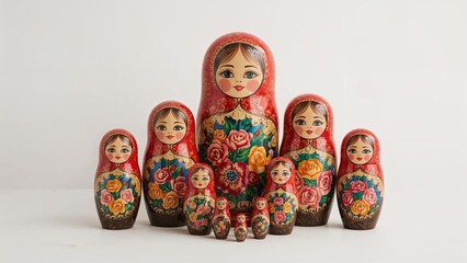 Brightly colored nesting dolls set on a white surface