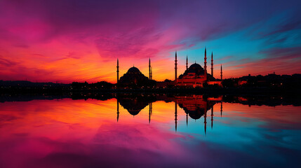 Colorful sunset reflection with mosque silhouette and vivid dramatic clouds