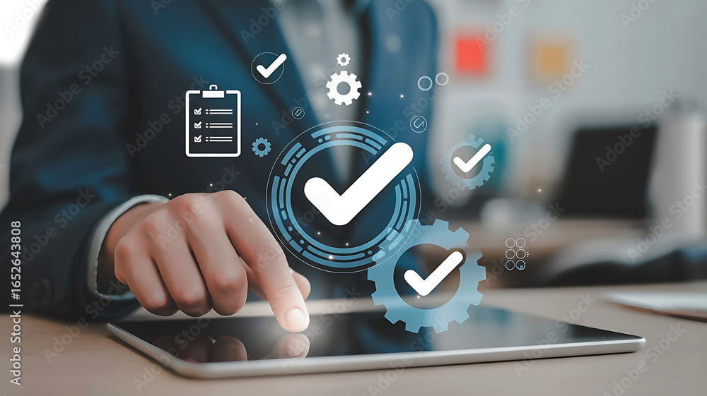 Poster business professional confirming successful completion of tasks and projects with digital checkmarks