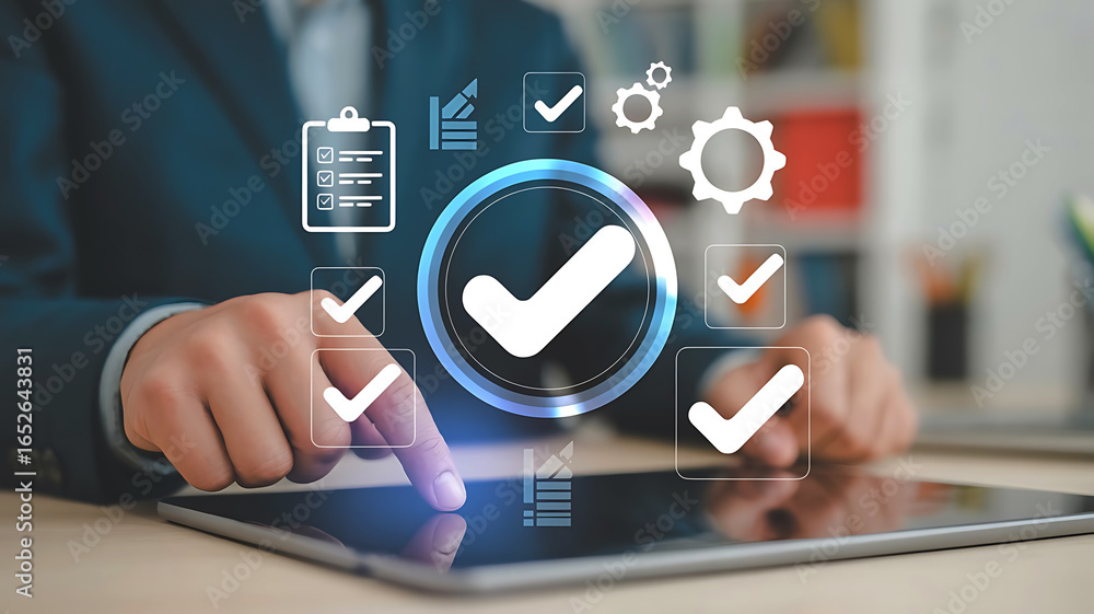 Poster business professional reviewing data and confirming tasks with digital checkmarks and quality contro