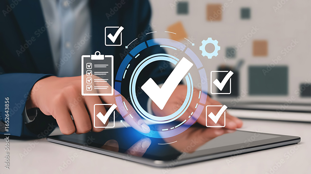Poster business professional using a digital tablet with glowing checkmarks and quality control icons repre