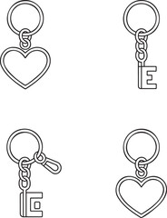 Set of Four Heart Keychain Icons Black Outline Vector Illustration on Transparent Background