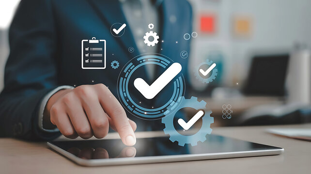 Business professional confirming successful completion of tasks and projects with digital checkmarks and quality control icons