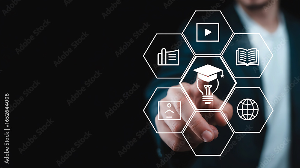 Poster person interacting with a digital interface displaying education and learning icons on a dark backgr