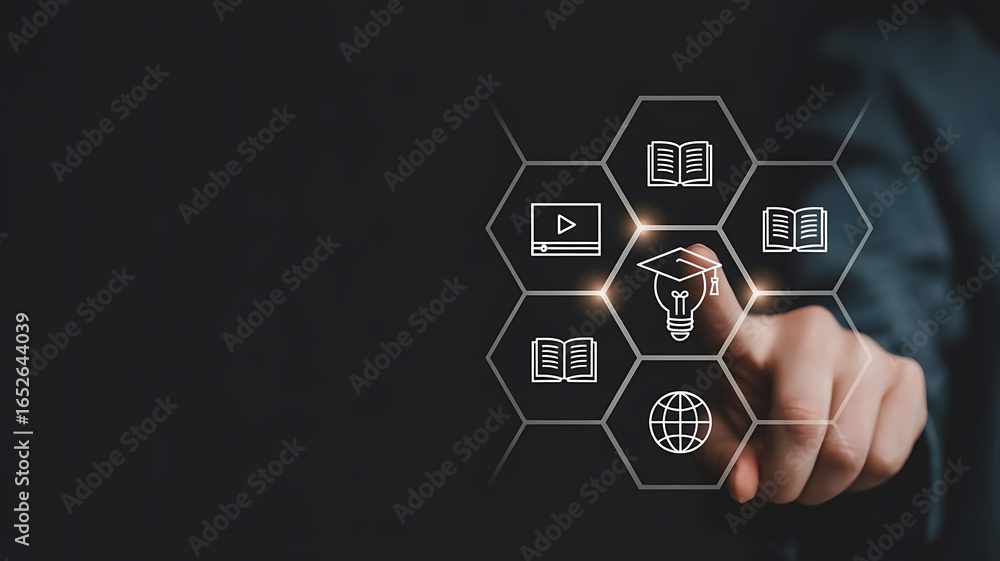 Poster person touching a digital interface displaying education and learning icons in a hexagonal grid form