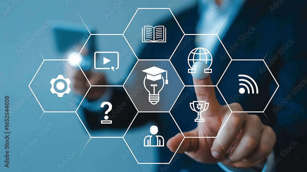 Poster businessman touching a digital interface displaying educational and business icons in a honeycomb ne