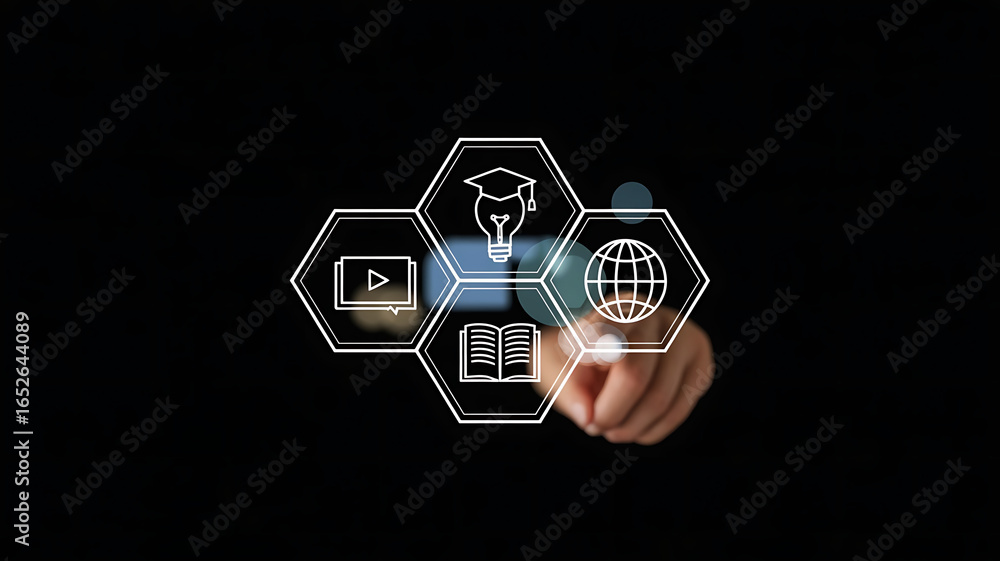 Poster hand touching futuristic digital interface with glowing icons representing online education and lear