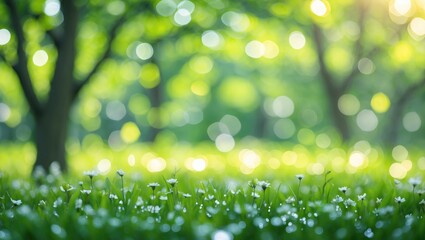 Obraz premium Spring-themed abstract background showcasing vibrant greenery and out-of-focus woodland or bokeh visuals