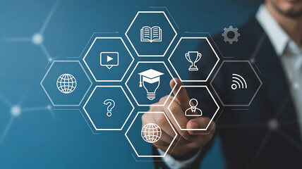 Businessman touching a futuristic digital network of educational icons representing learning and knowledge acquisition