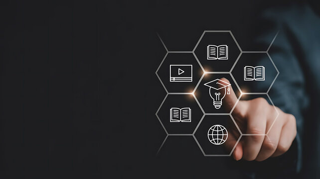 Person touching a digital interface displaying education and learning icons in a hexagonal grid formation - Powered by Adobe