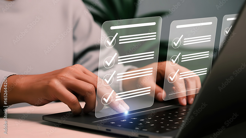 Poster person s hands typing on a laptop with a holographic checklist interface displaying completed tasks