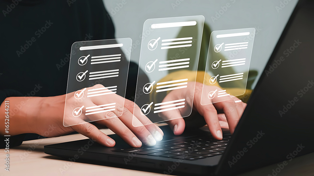 Poster hands typing on a laptop with a glowing digital checklist interface appearing above the keyboard