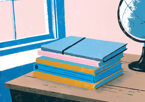 Bright illustration of study table near window with books and stationery. School, knowledge, and academic background concept