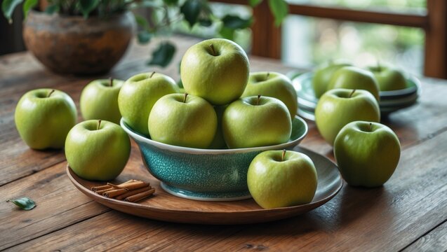 A natural wood tabletop featuring a bowl filled with crisp, fresh green apples