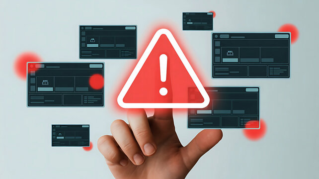 Finger pointing at a glowing red warning sign surrounded by digital screens displaying financial data and alerts