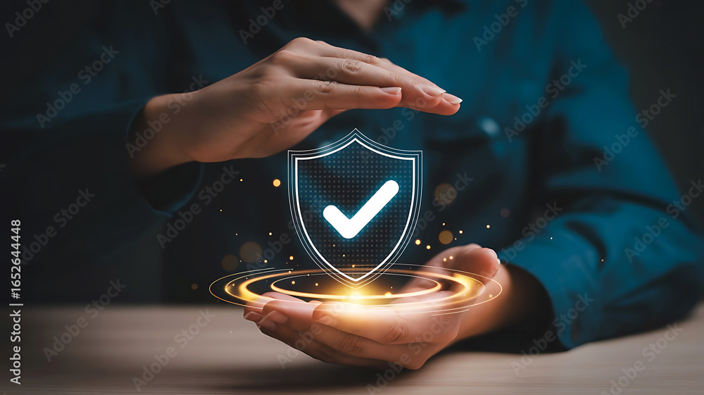 Poster hands protect a glowing digital shield with a checkmark symbolizing security and safety