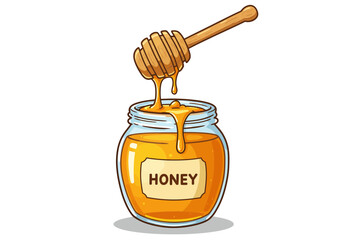 Honey Jar with Wooden Dipper and Dripping Golden Honey | Sweet Natural Food Clipart | Organic Bee Product | Cartoon Vector for Label, Logo, Design
