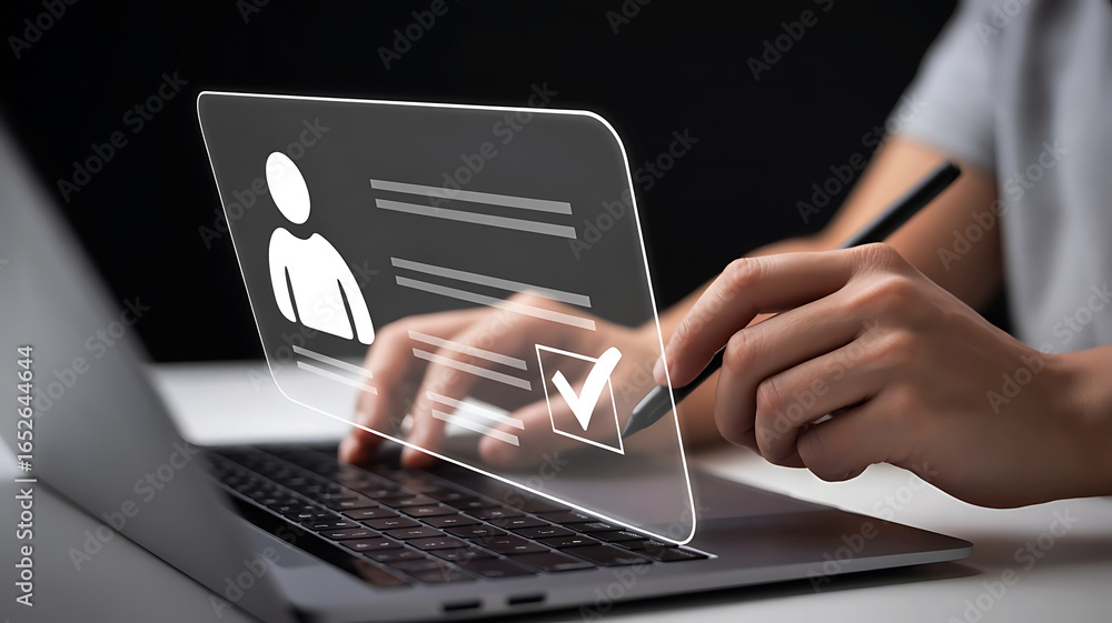 Poster person using a laptop to interact with a holographic profile interface for digital identity manageme