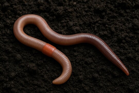 Detailed view of a sizable earthworm thriving in dark soil