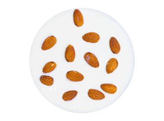 Almonds Floating in Almond Milk – Healthy Vegan Drink Concept no Background