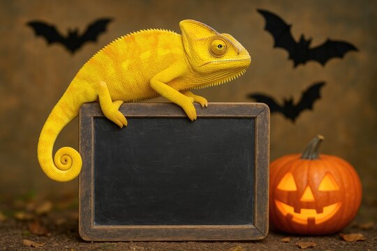 Colorful chameleon illustration featuring Halloween motifs such as bats and pumpkins on a yellow surface