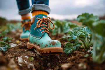Colorful muddy boots walking through soil rows in garden with leafy greens